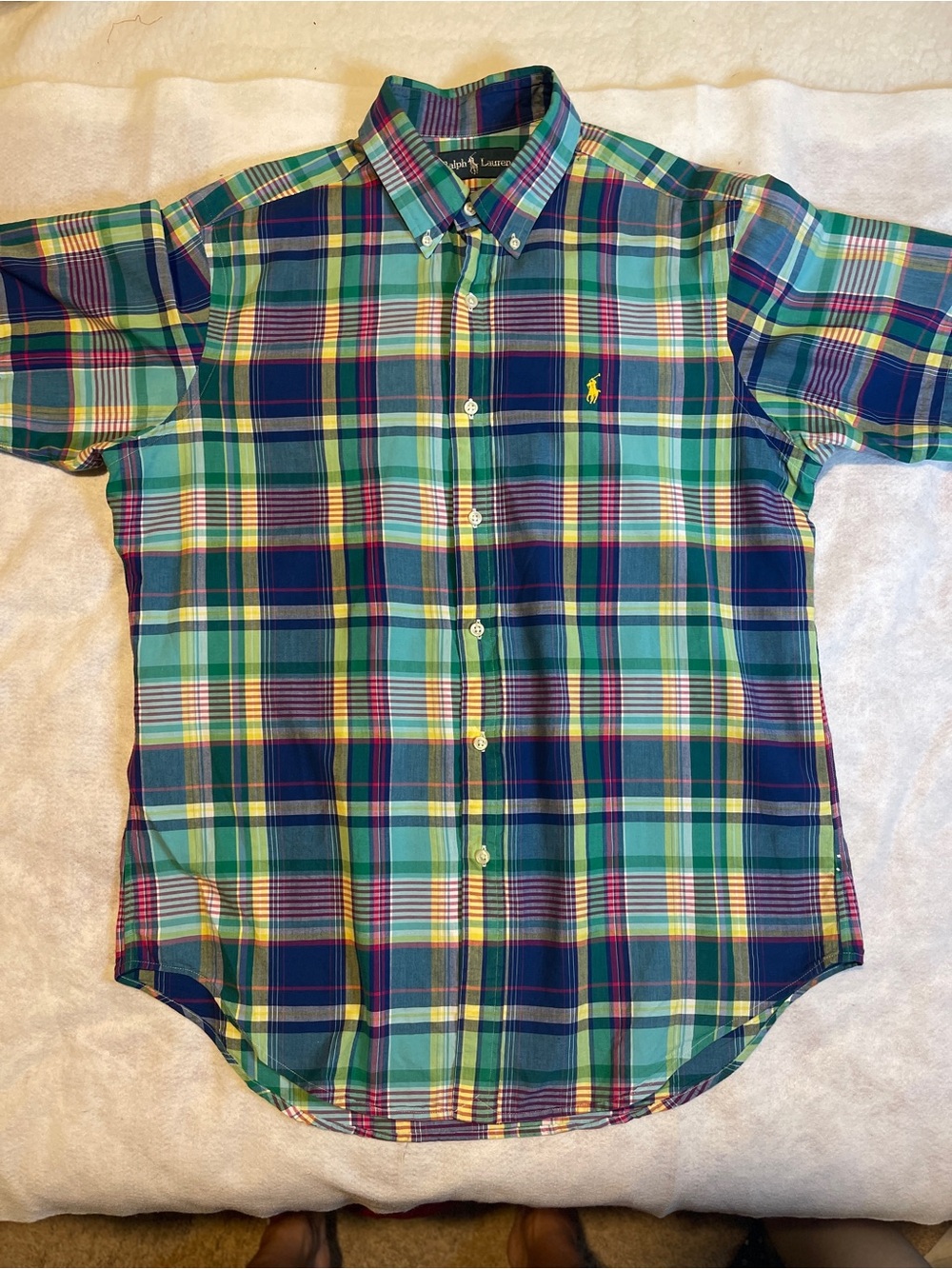 Polo Ralph Lauren Men's Size L Short Sleeve Button Down Shirt Green Blue Plaid